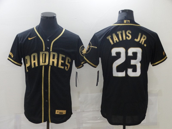 Men's San Diego Padres #23 Fernando Tatis Jr. 2021 Black Golden Edition Flex Base Stitched Baseball Jersey